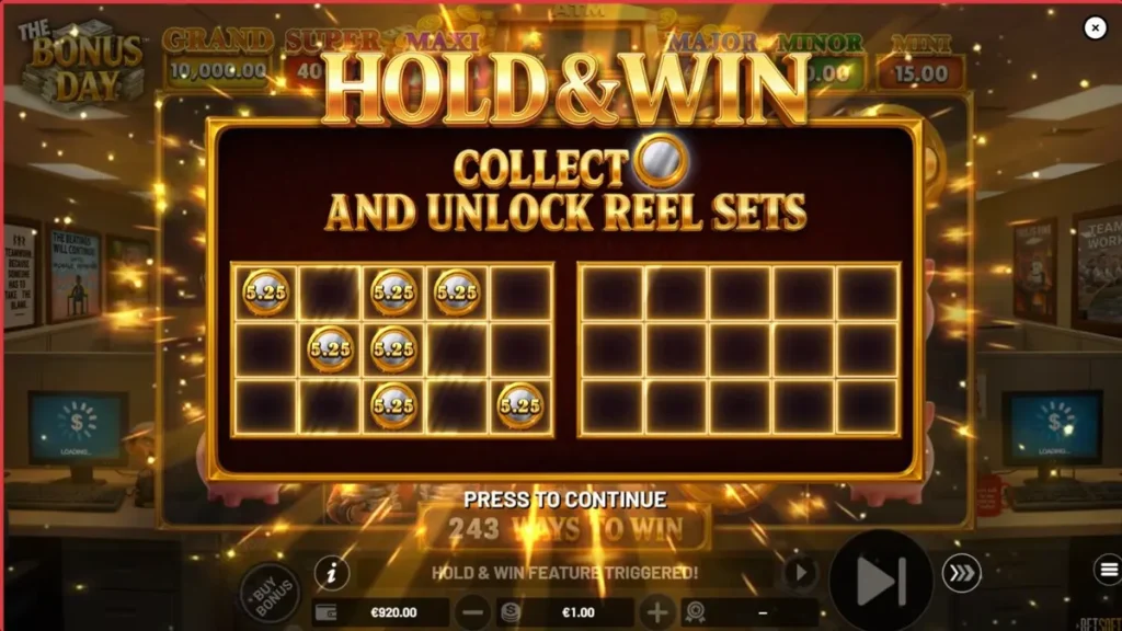 Interface do jogo de slot The Bonus Day com tema de escritório corporativo