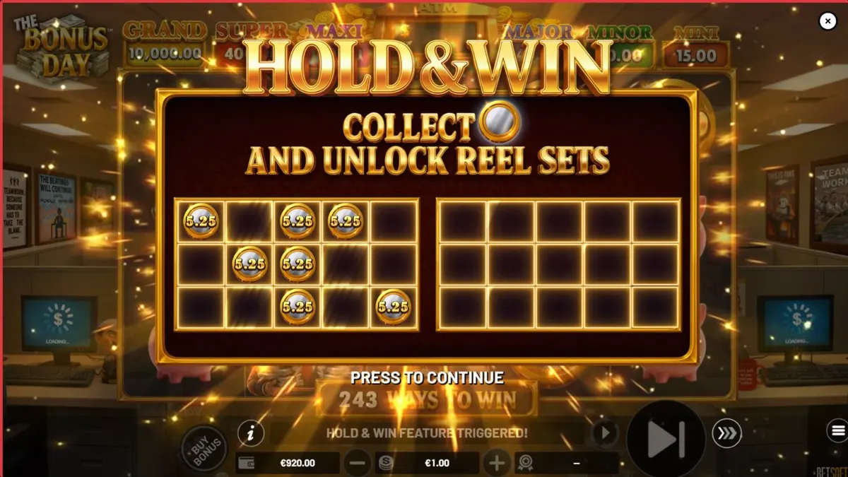 Interface do jogo de slot The Bonus Day com tema de escritório corporativo