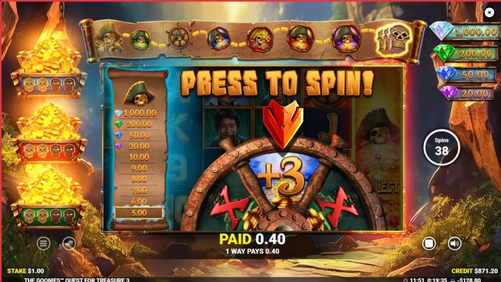 The Goonies Quest for Treasure 3 slot machine interface com tema de aventura pirata